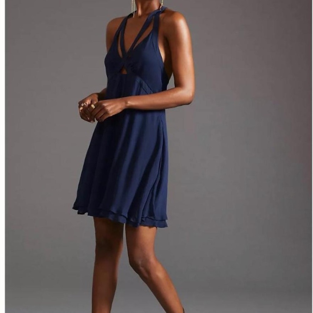 Anthropologie NWT size 12 Elegant navy Blue Dress with Strappy Design zip T back